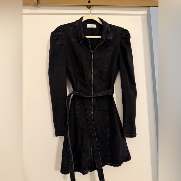 Bershka Black Denim Belted Puff Long Sleeve Dress- Large - Picture 5 of 11